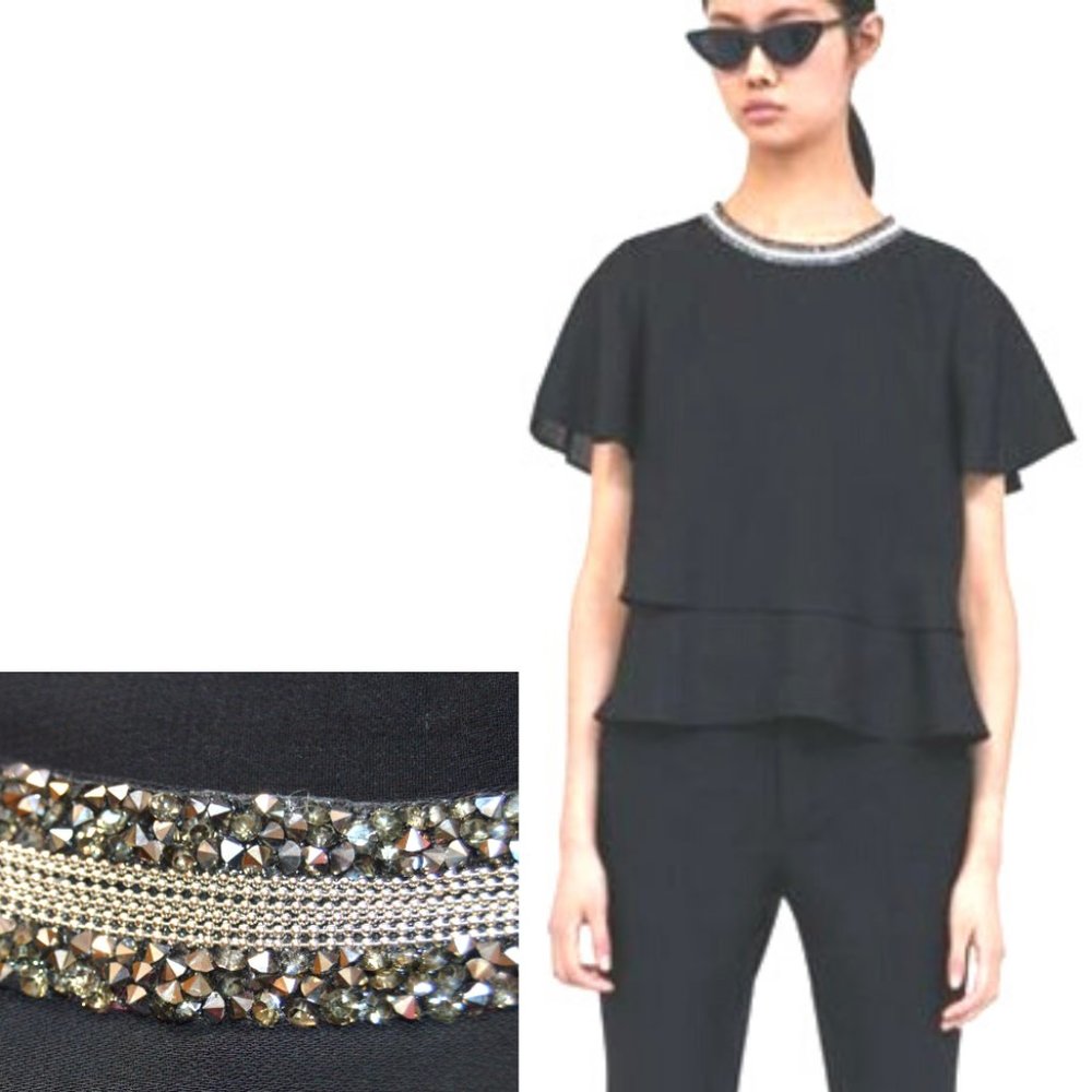 Zara Black Ruffle Sleeve Jewel Neck Tier Blouse S